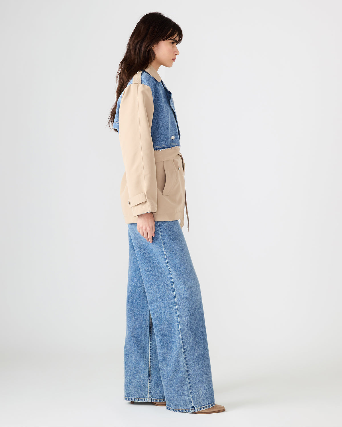 SHYLA Denim Multi Long-Sleeved Denim Khaki Button-Up Tie-Front Women's Coat | Steve Madden