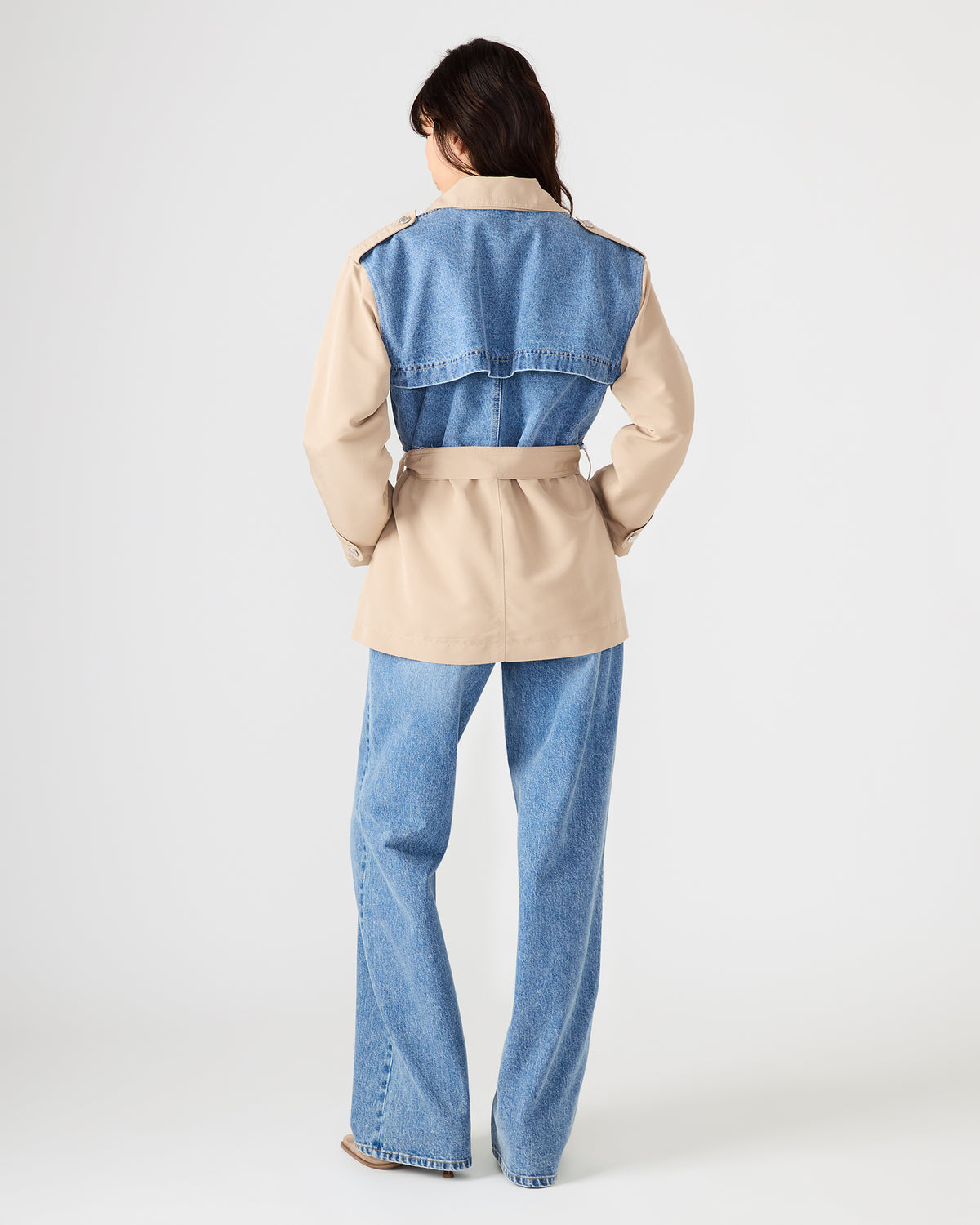 SHYLA Denim Multi Long-Sleeved Denim Khaki Button-Up Tie-Front Women's Coat | Steve Madden