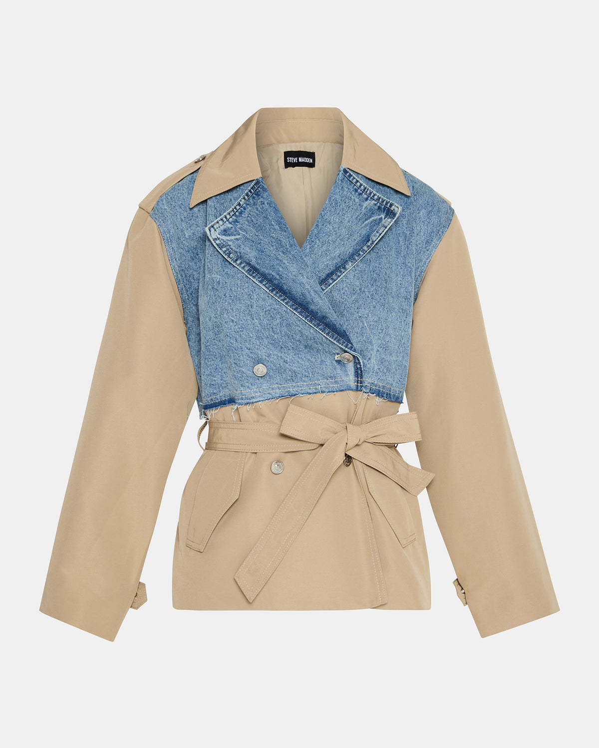 SHYLA Denim Multi Long-Sleeved Denim Khaki Button-Up Tie-Front Women's Coat | Steve Madden