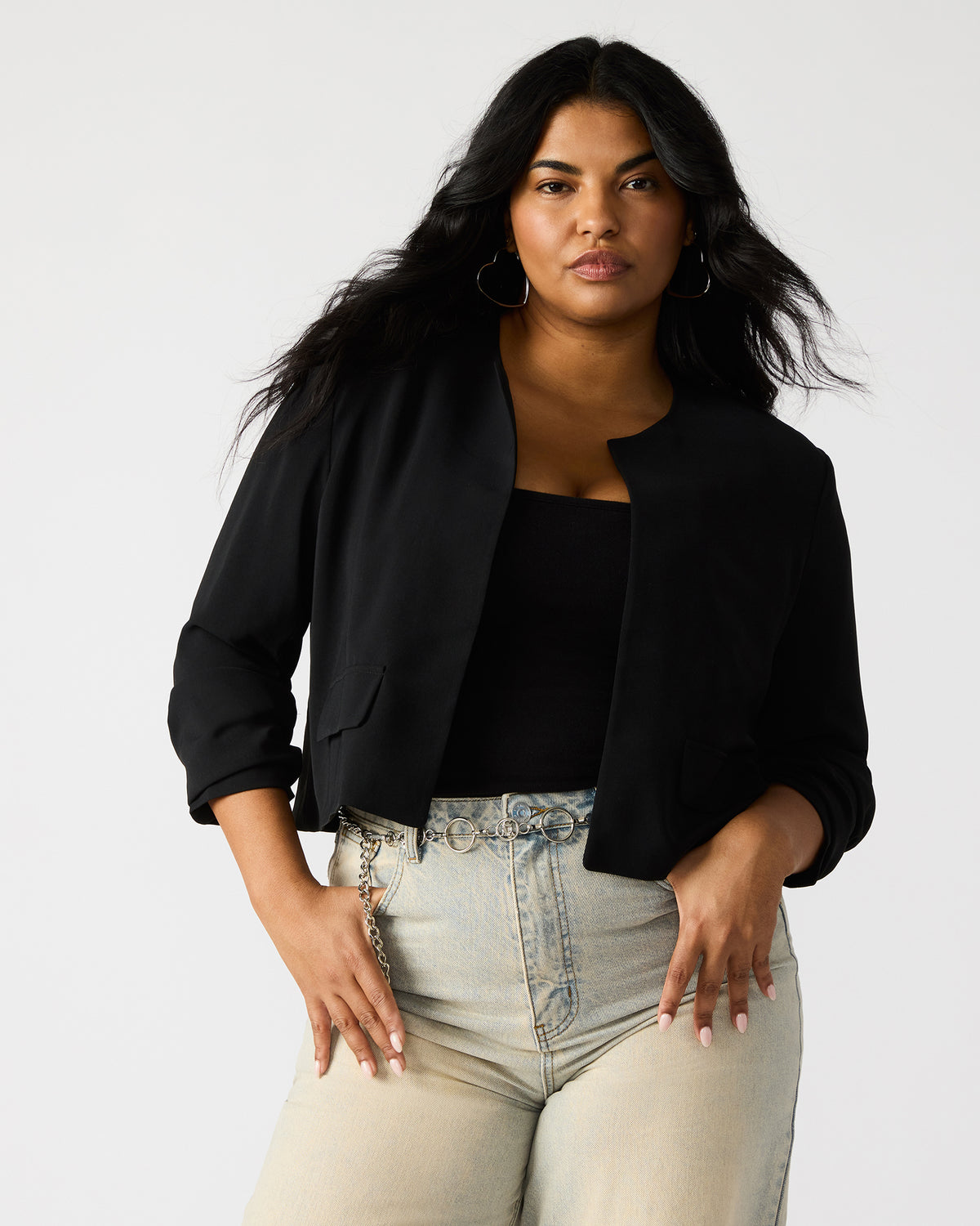 SERENEA Black Women's Long-Sleeved Open-Front Blazer | Steve Madden