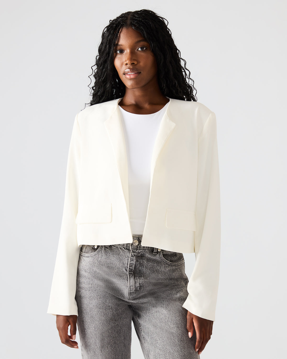 SERENEA White Women's Long-Sleeved Open-Front Blazer | Steve Madden