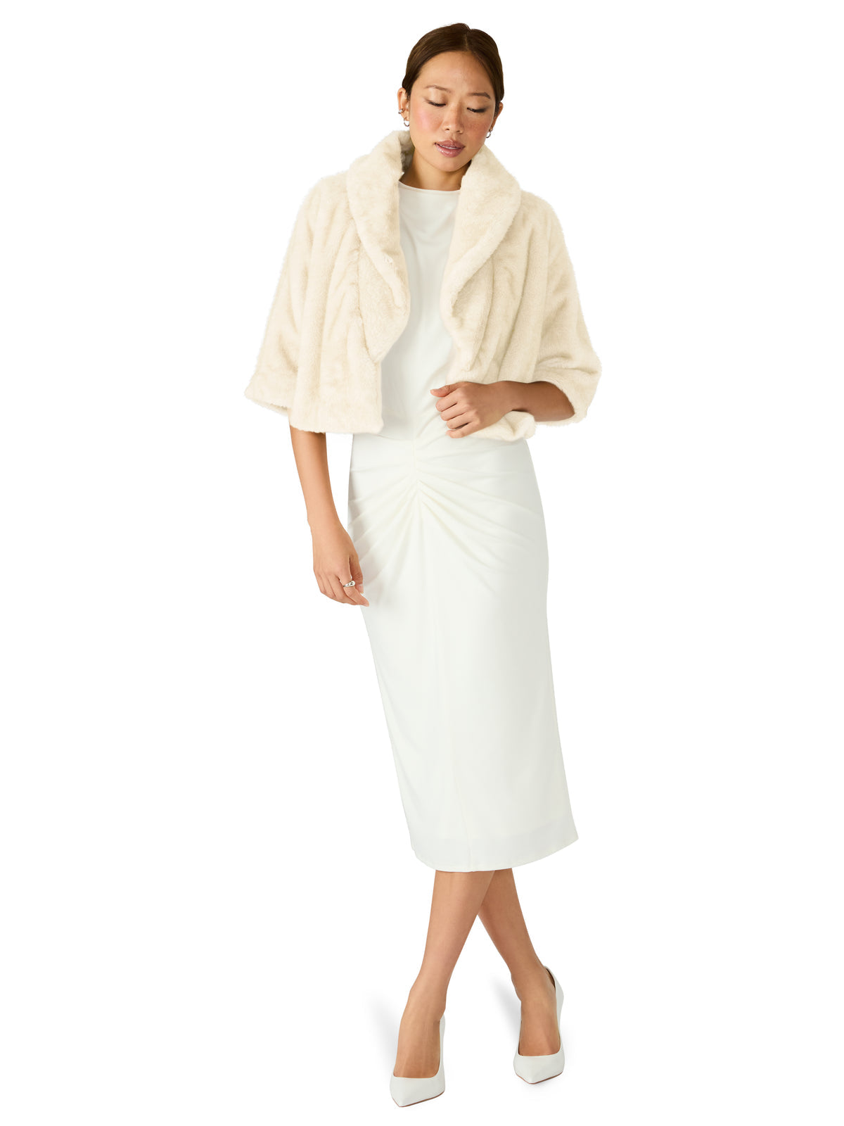 HESTIA Cream Faux Fur Cropped Collared Neckline Women's Coat | Steve Madden