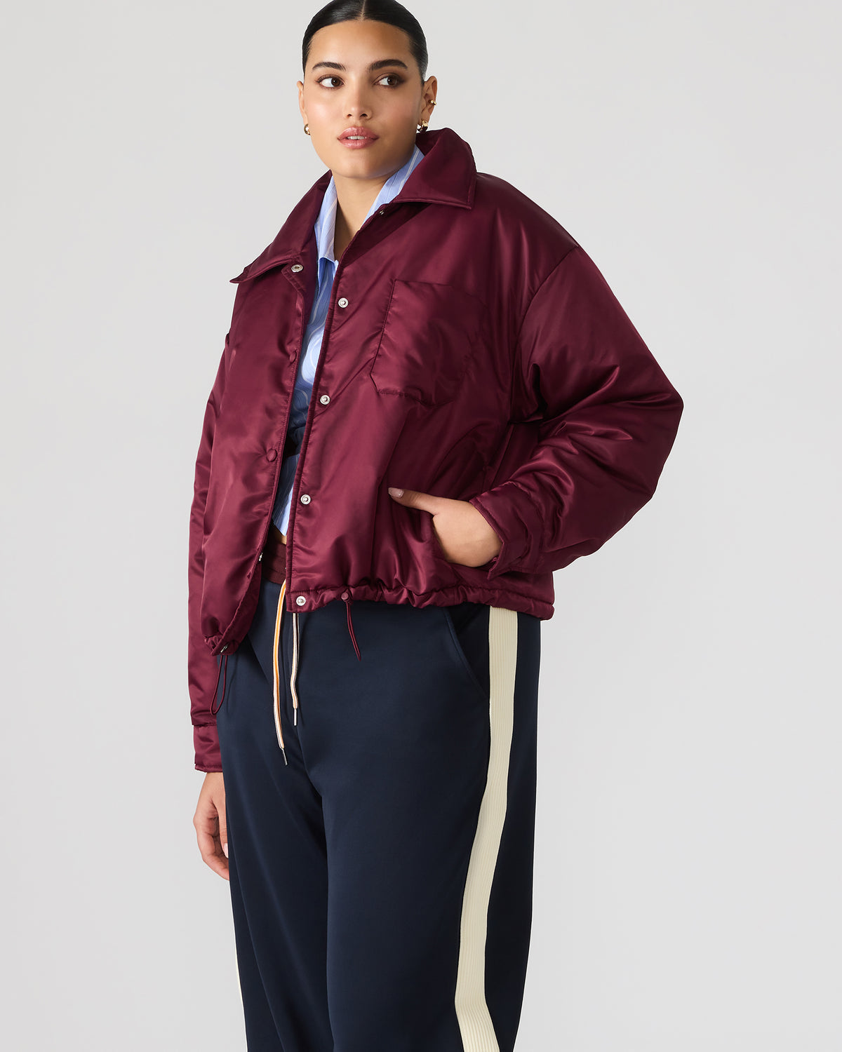 SELMA Wine Long-Sleeved Puffer Button-Up Women's Jacket | Steve Madden