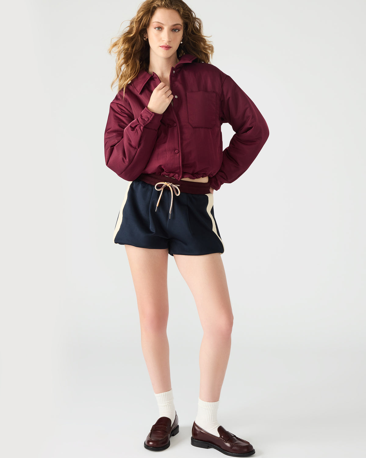 SELMA Wine Long-Sleeved Puffer Button-Up Women's Jacket | Steve Madden