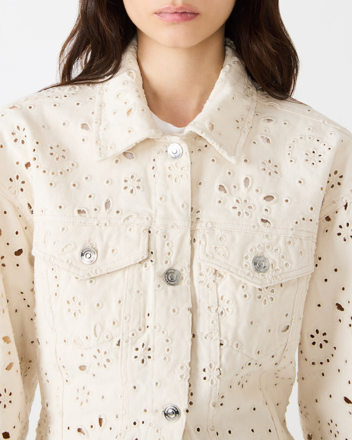 HENRIETTA Sea Mist Long-Sleeved Button-Up Eyelet Women's Jacket | Steve Madden