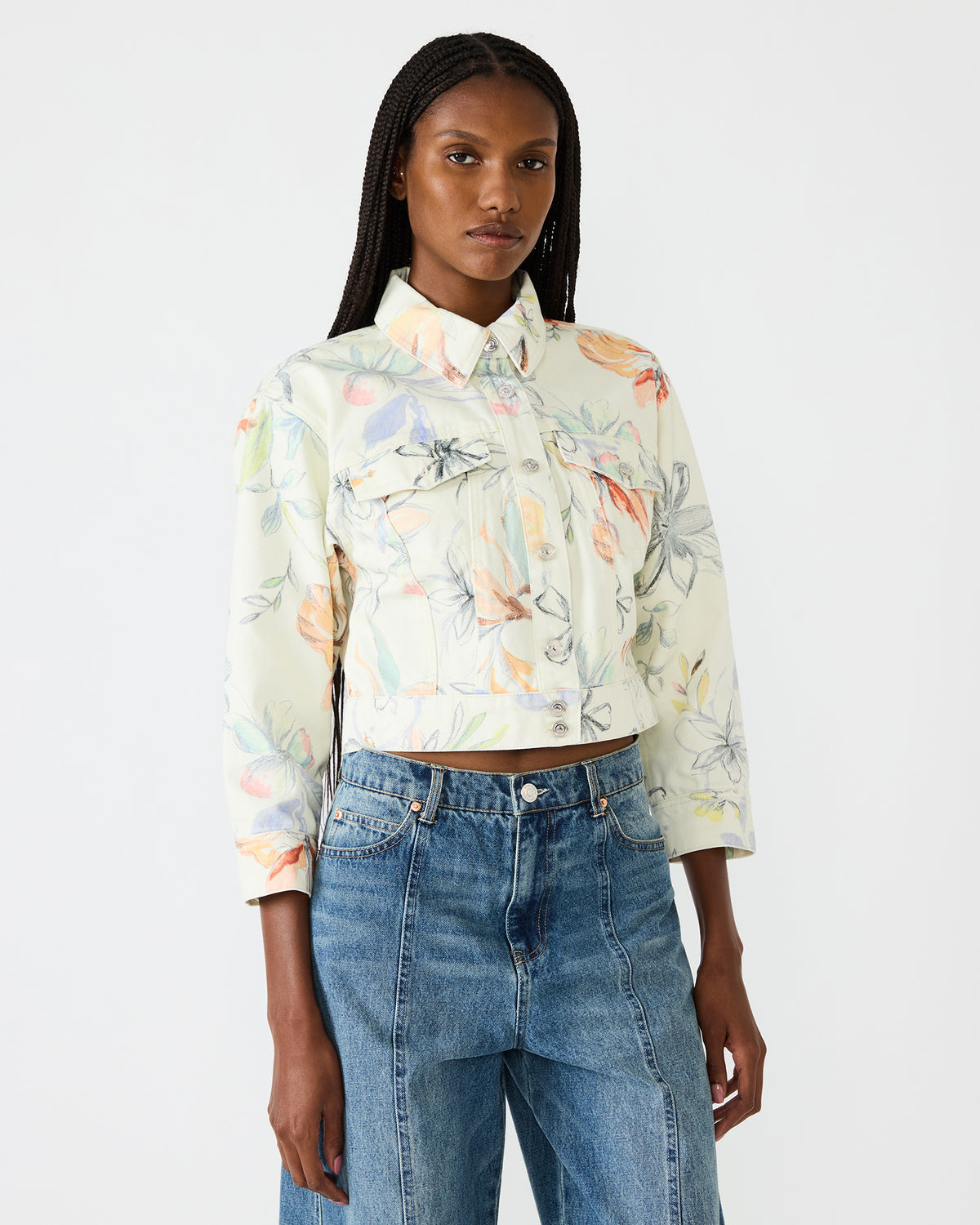 RALEIGH Vintage Ivory Long-Sleeved Button-Up Denim Women's Jacket | Steve Madden