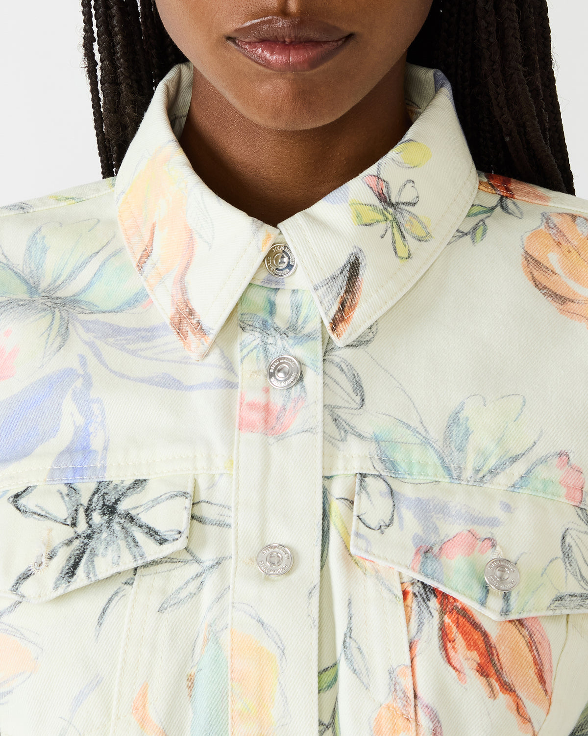 RALEIGH Vintage Ivory Long-Sleeved Button-Up Denim Women's Jacket | Steve Madden