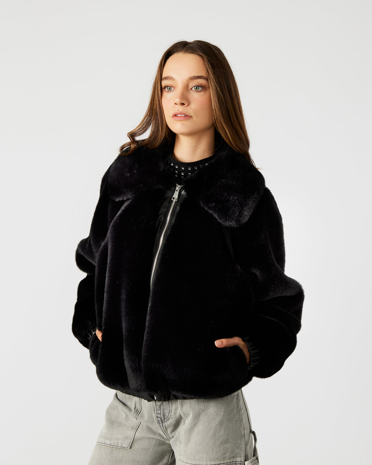 ZEPHRINE Jacket Black | Women's Long-Sleeved Furry Jacket | Steve Madden