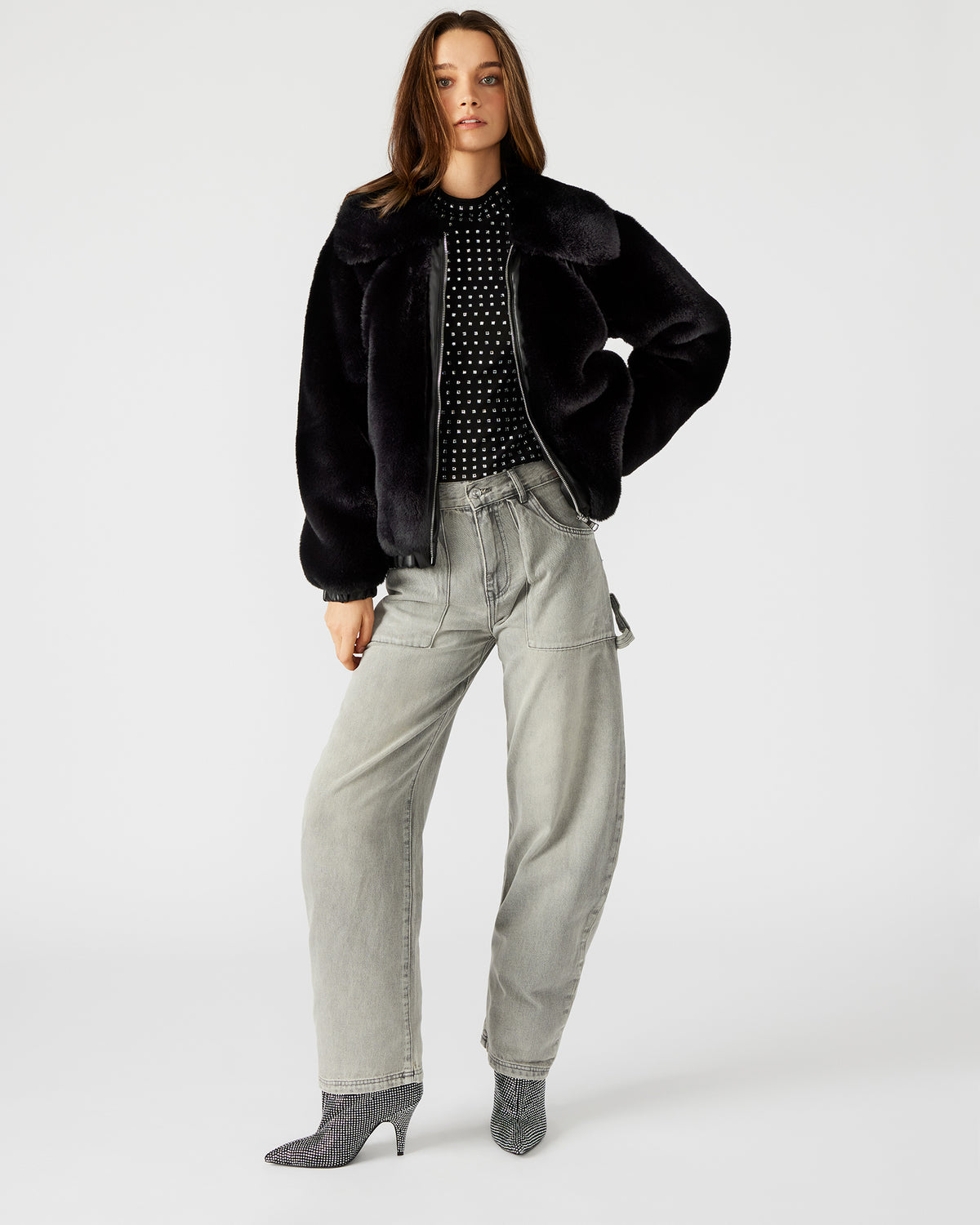 ZEPHRINE Jacket Black | Women's Long-Sleeved Furry Jacket | Steve Madden