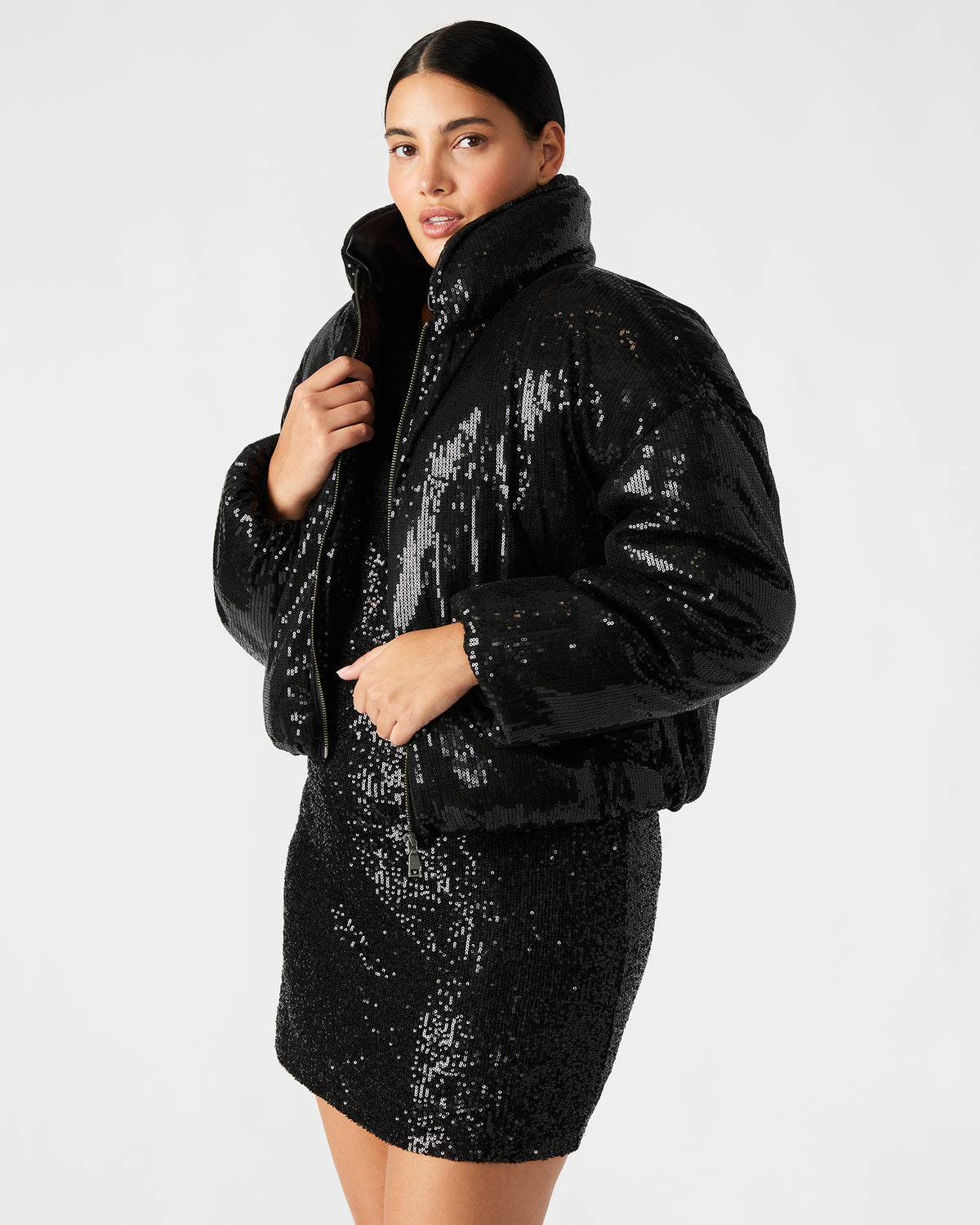 STRATTO Jacket Black | Women's Sequin Long-Sleeved Puffer Jacket | Steve Madden