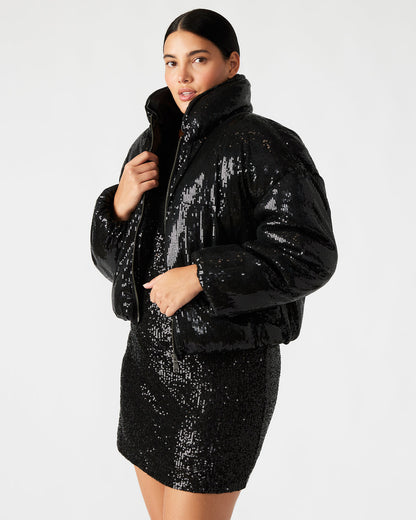 STRATTO Jacket Black | Women's Sequin Long-Sleeved Puffer Jacket | Steve Madden