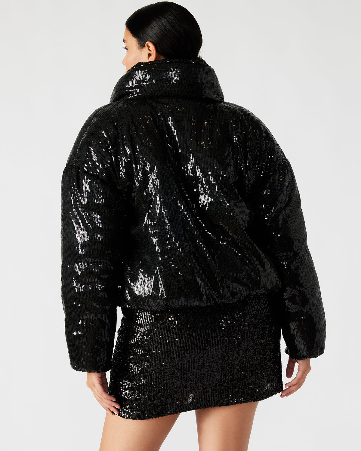 STRATTO Jacket Black | Women's Sequin Long-Sleeved Puffer Jacket | Steve Madden