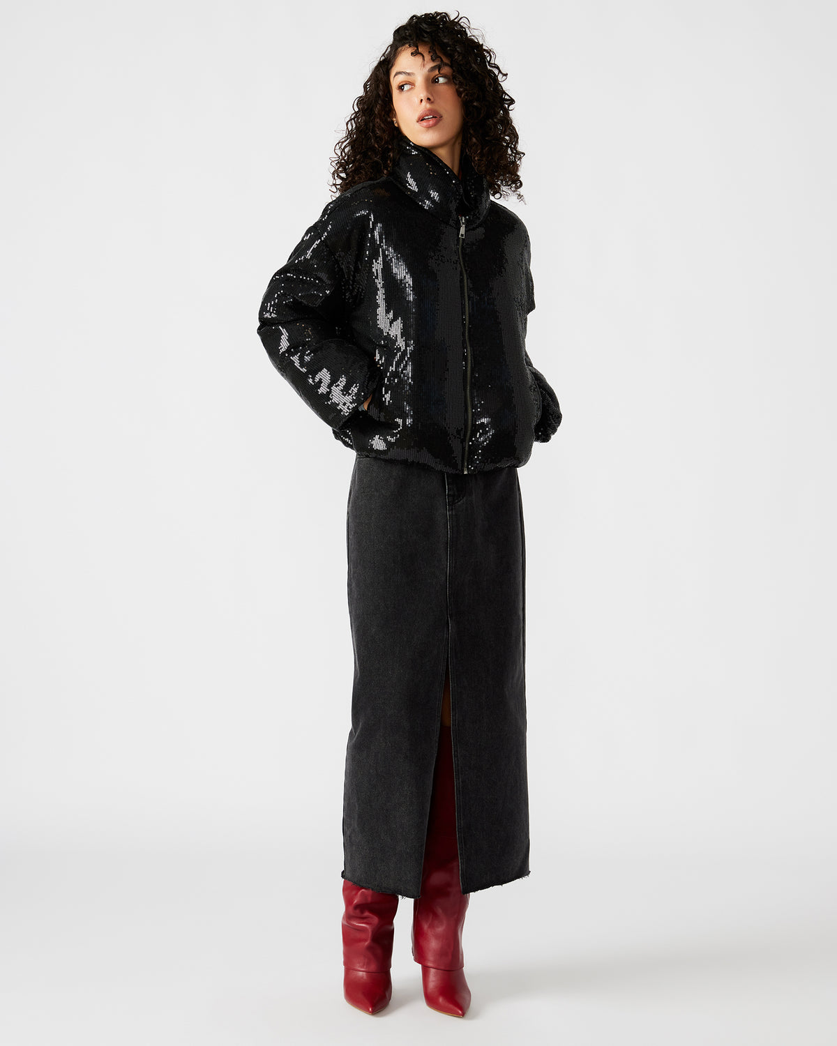STRATTO Jacket Black | Women's Sequin Long-Sleeved Puffer Jacket | Steve Madden