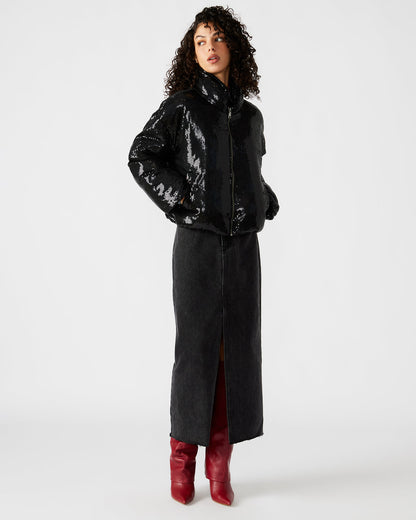 STRATTO Jacket Black | Women's Sequin Long-Sleeved Puffer Jacket | Steve Madden
