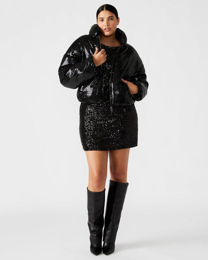 STRATTO Jacket Black | Women's Sequin Long-Sleeved Puffer Jacket | Steve Madden