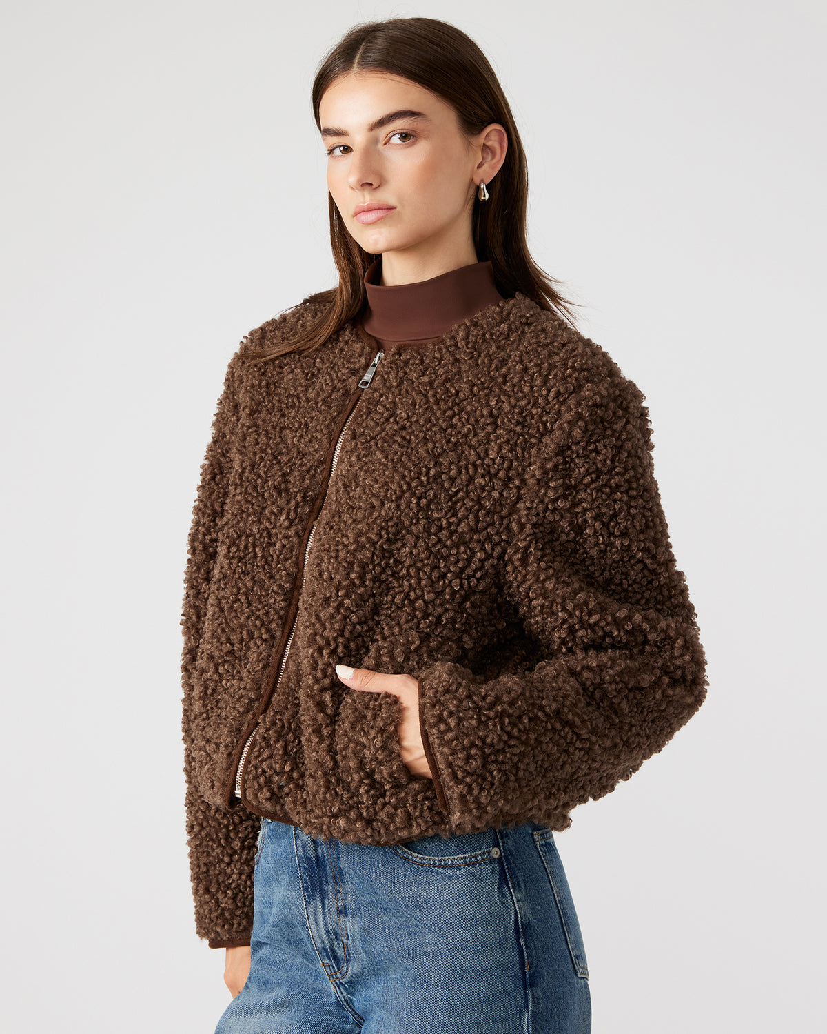 TEDDY Jacket Brown | Women's Collarless Sherpa Jacket | Steve Madden