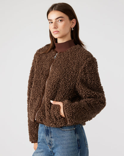 TEDDY Jacket Brown | Women's Collarless Sherpa Jacket | Steve Madden