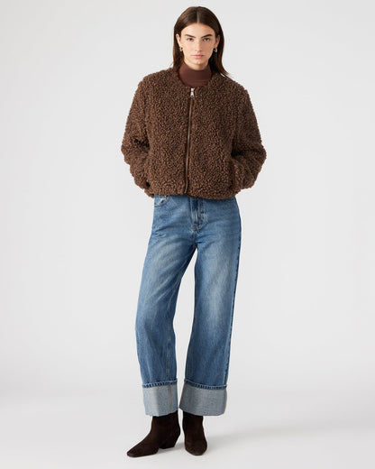 TEDDY Jacket Brown | Women's Collarless Sherpa Jacket | Steve Madden