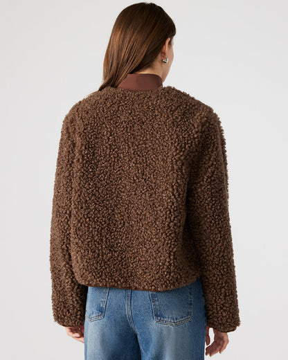 TEDDY Jacket Brown | Women's Collarless Sherpa Jacket | Steve Madden