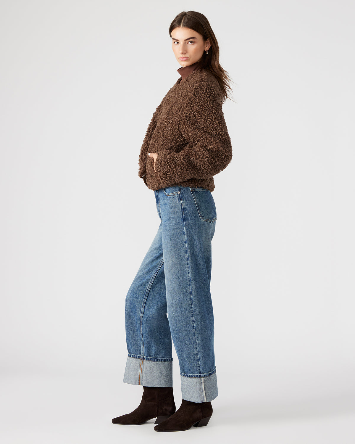 TEDDY Jacket Brown | Women's Collarless Sherpa Jacket | Steve Madden