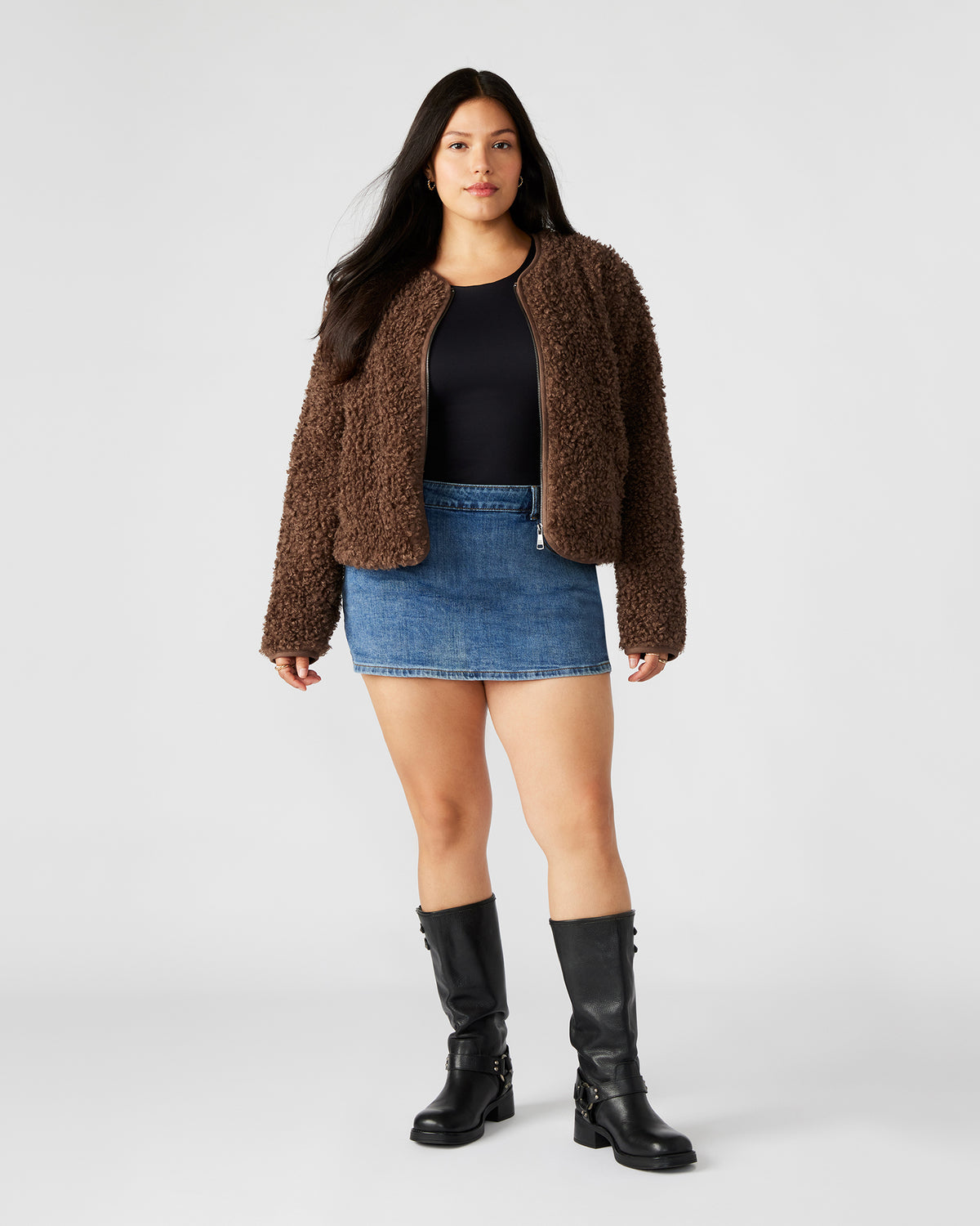 TEDDY Jacket Brown | Women's Collarless Sherpa Jacket | Steve Madden