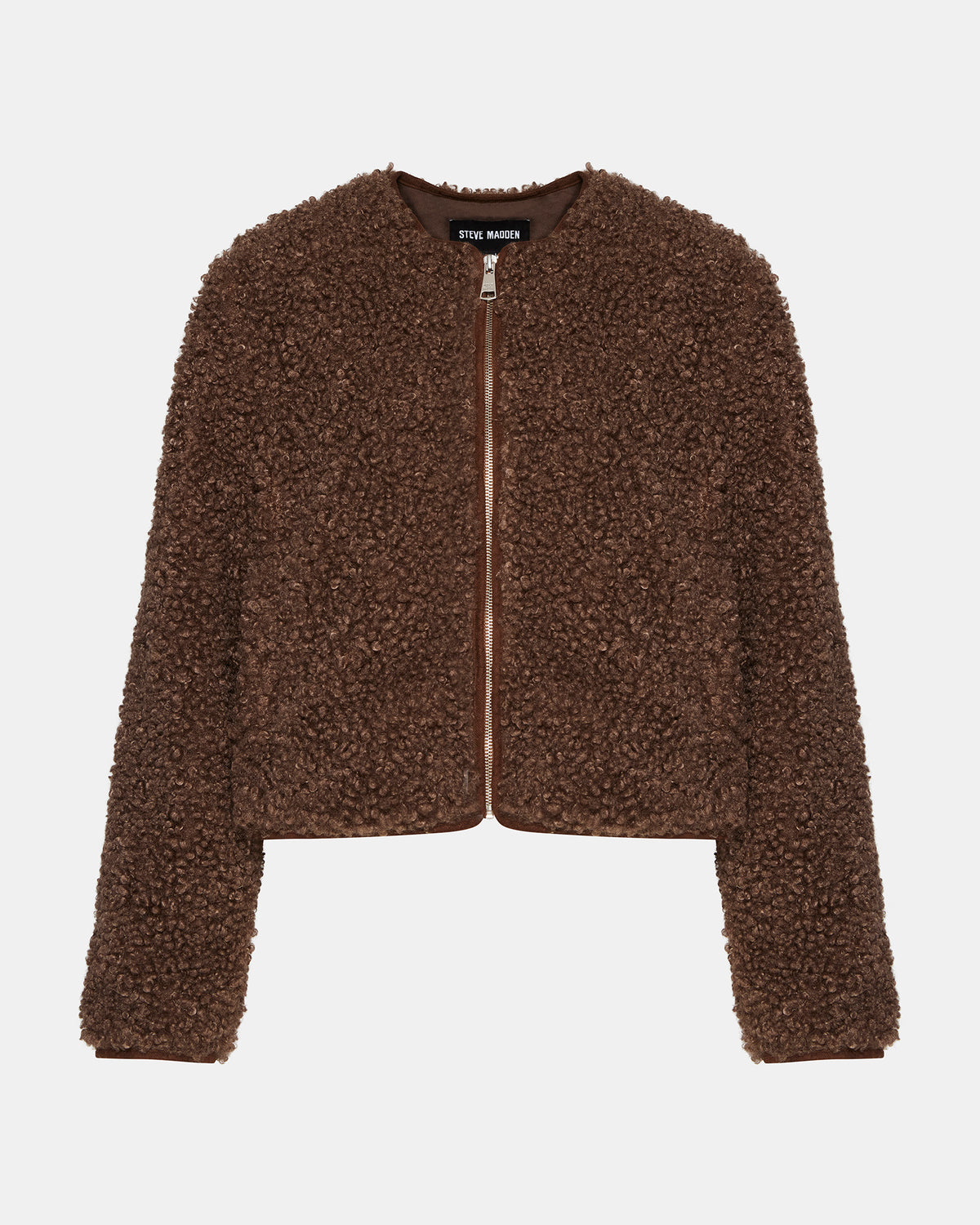 TEDDY Jacket Brown | Women's Collarless Sherpa Jacket | Steve Madden