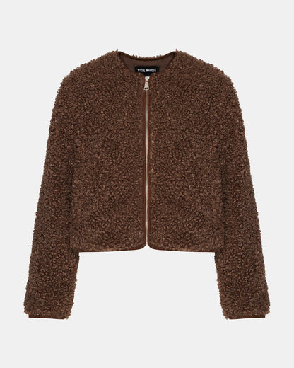 TEDDY Jacket Brown | Women's Collarless Sherpa Jacket | Steve Madden