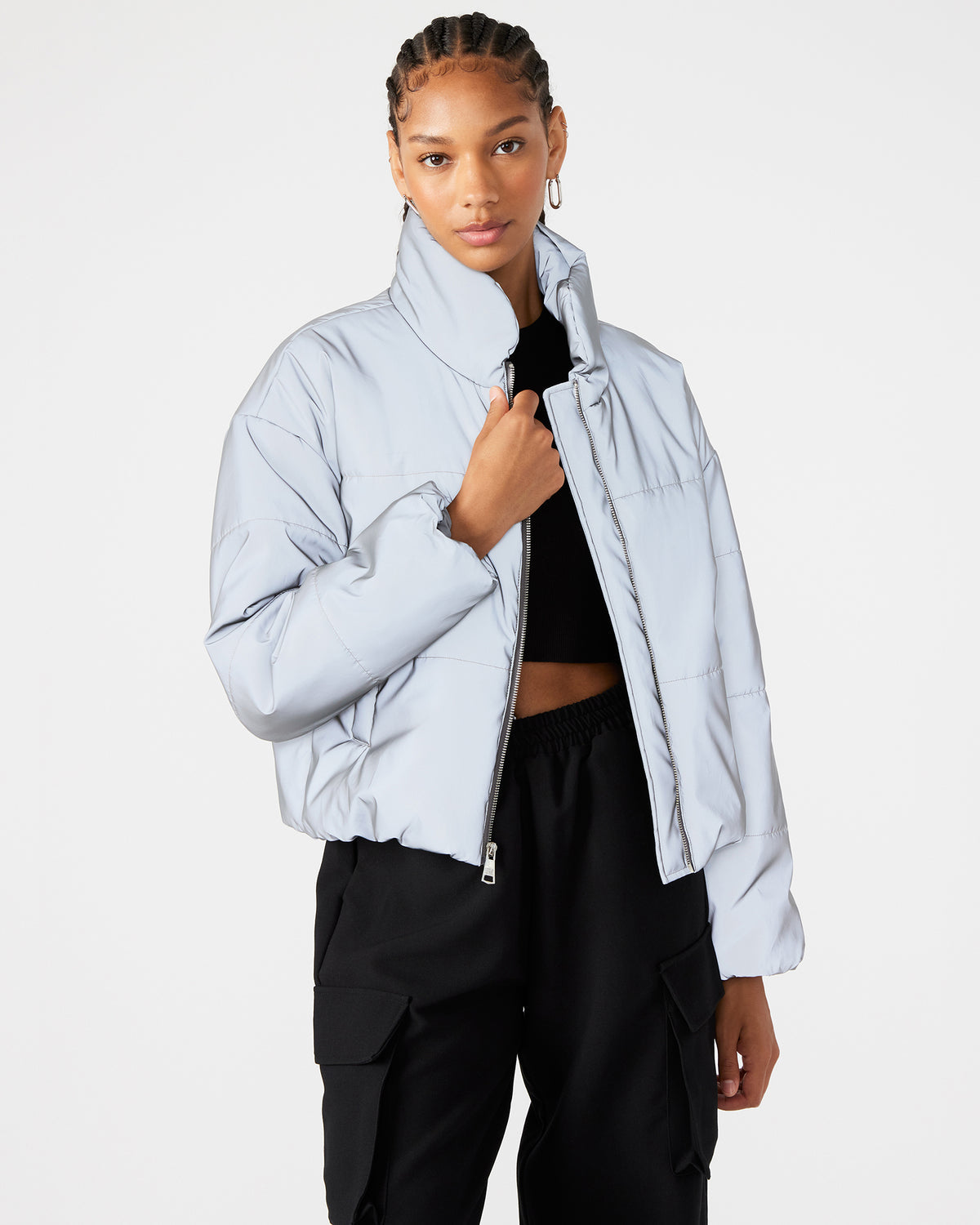 POLAR Jacket Silver | Women's Reflective Nylon Puffer Jacket | Steve Madden