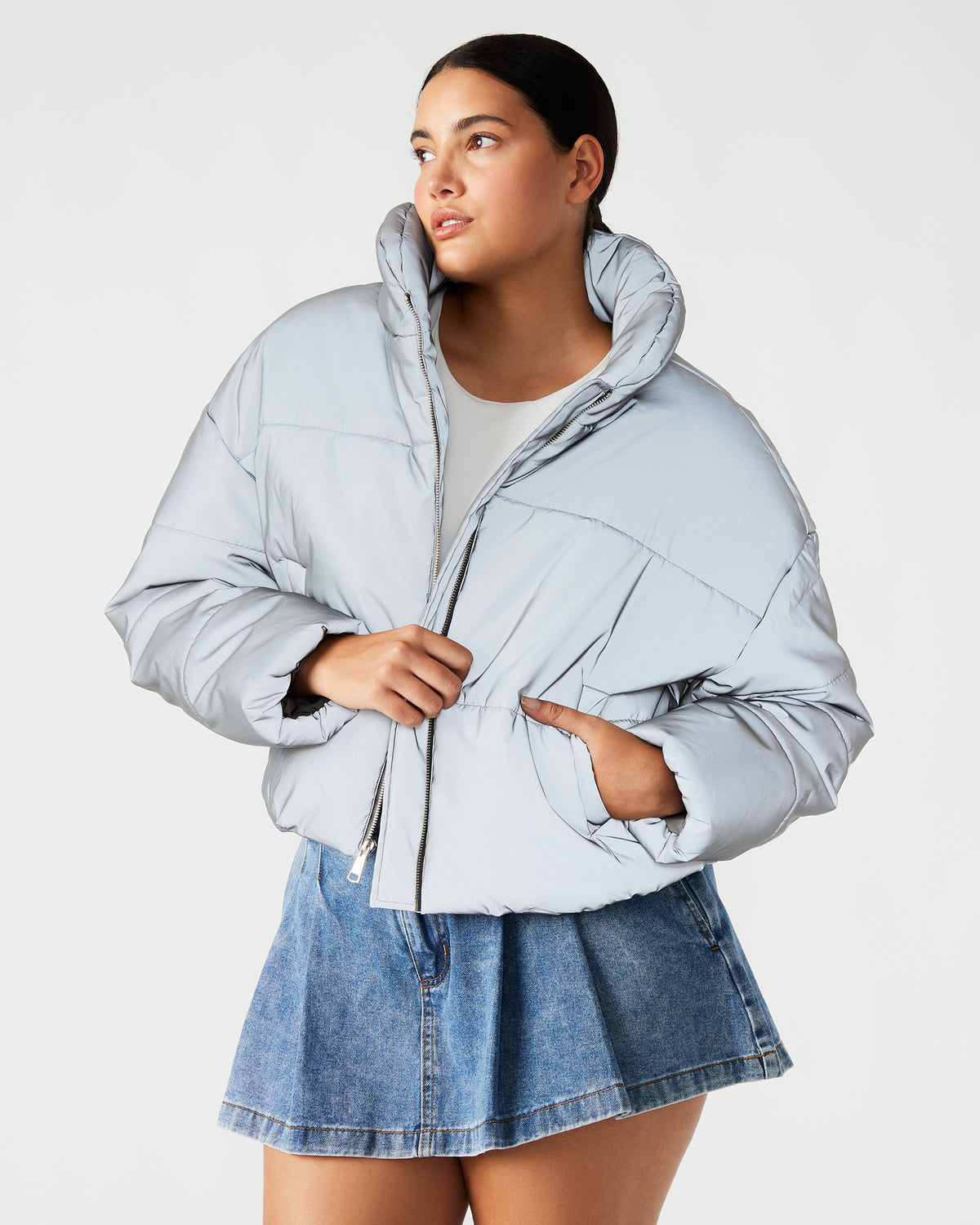 POLAR Jacket Silver | Women's Reflective Nylon Puffer Jacket | Steve Madden