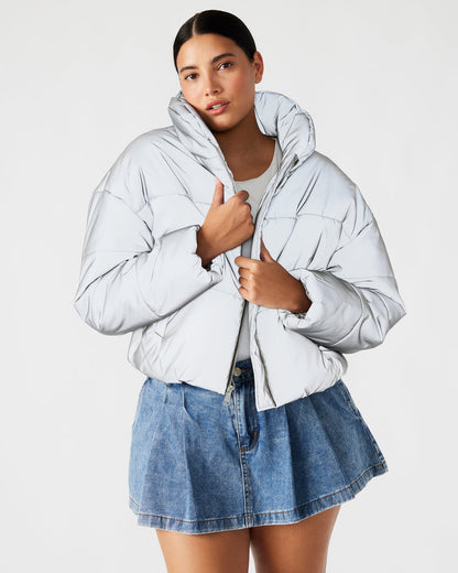 POLAR Jacket Silver | Women's Reflective Nylon Puffer Jacket | Steve Madden
