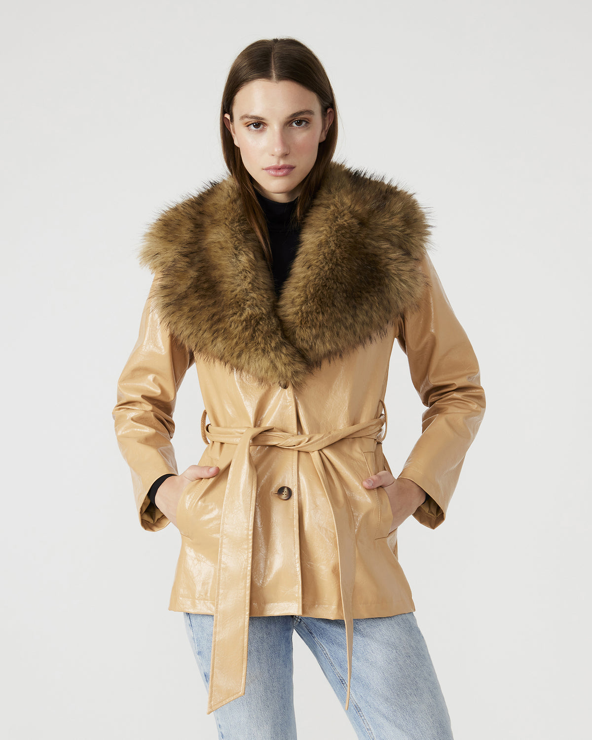 BOWERY Coat Tan | Women's Faux Leather Button-Up Coat | Steve Madden