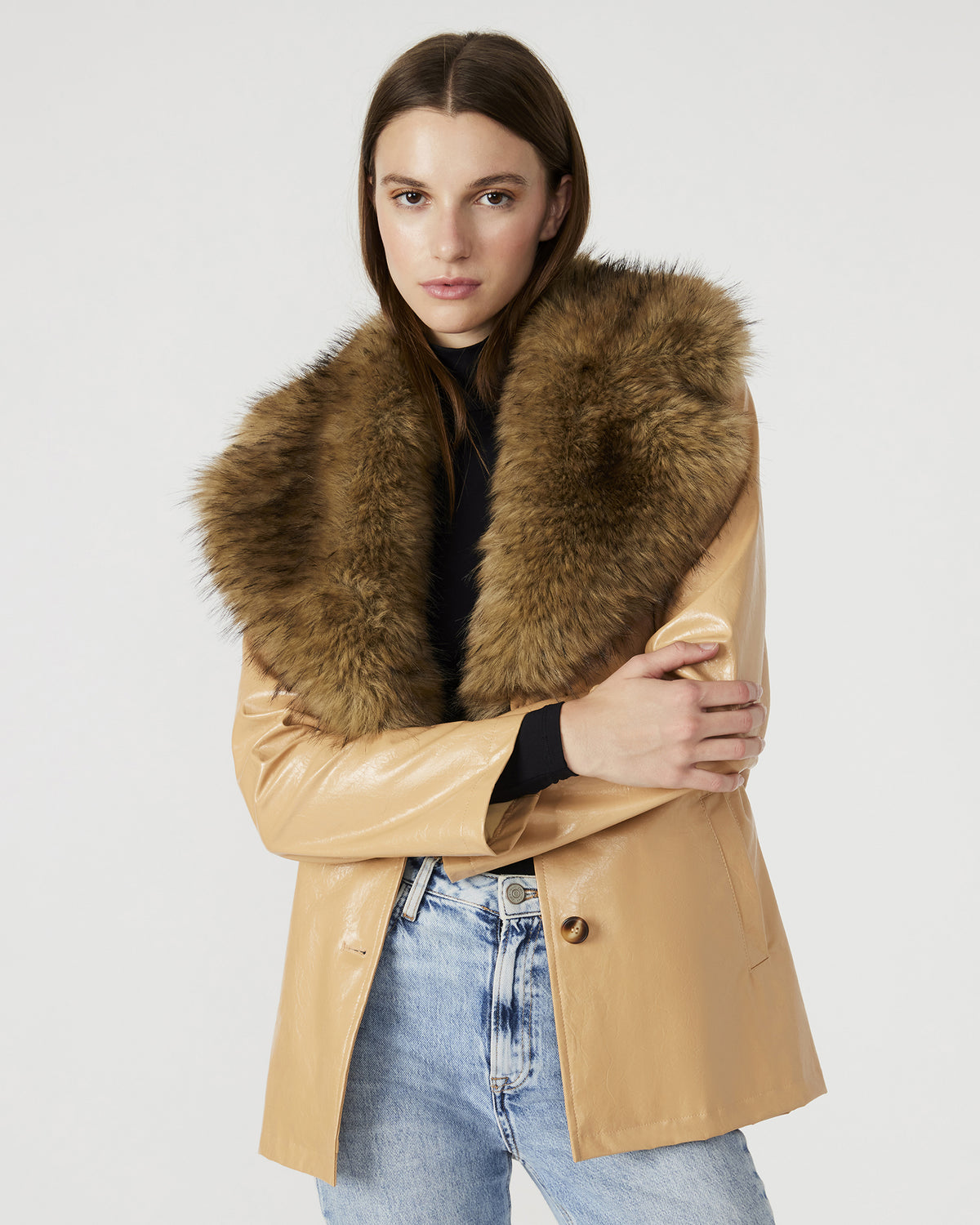 BOWERY Coat Tan | Women's Faux Leather Button-Up Coat | Steve Madden
