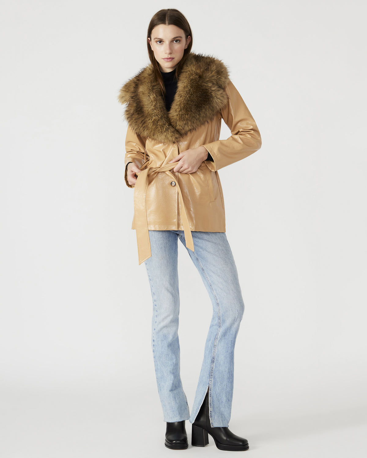 BOWERY Coat Tan | Women's Faux Leather Button-Up Coat | Steve Madden