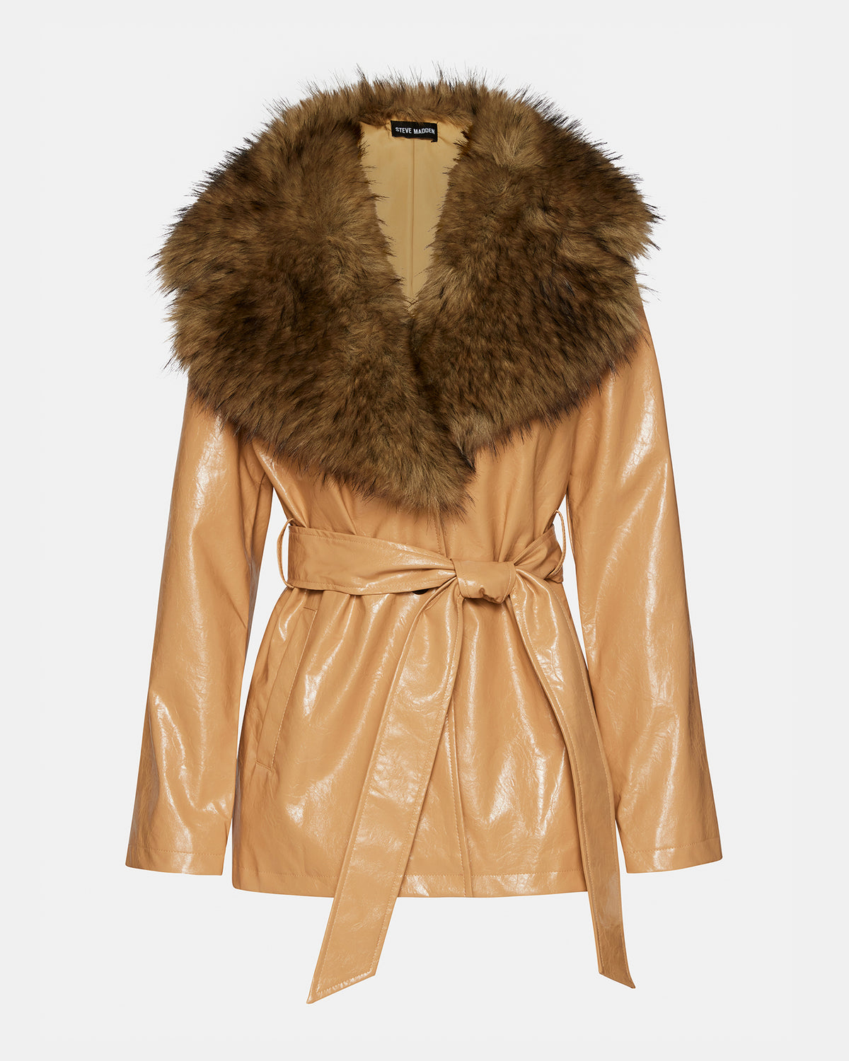 BOWERY Coat Tan | Women's Faux Leather Button-Up Coat | Steve Madden