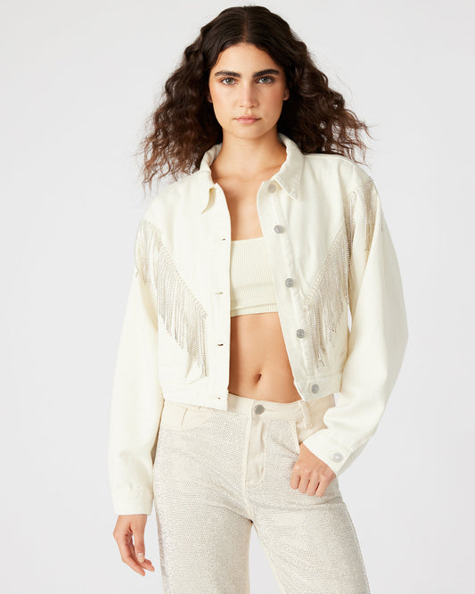 CANYON Denim Jacket Cream | Women's Rhinestone Fringe Jacket | Steve Madden