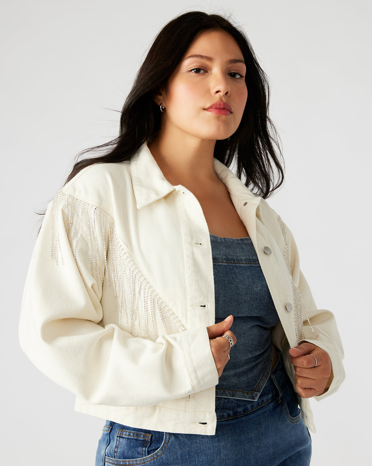 CANYON Denim Jacket Cream | Women's Rhinestone Fringe Jacket | Steve Madden