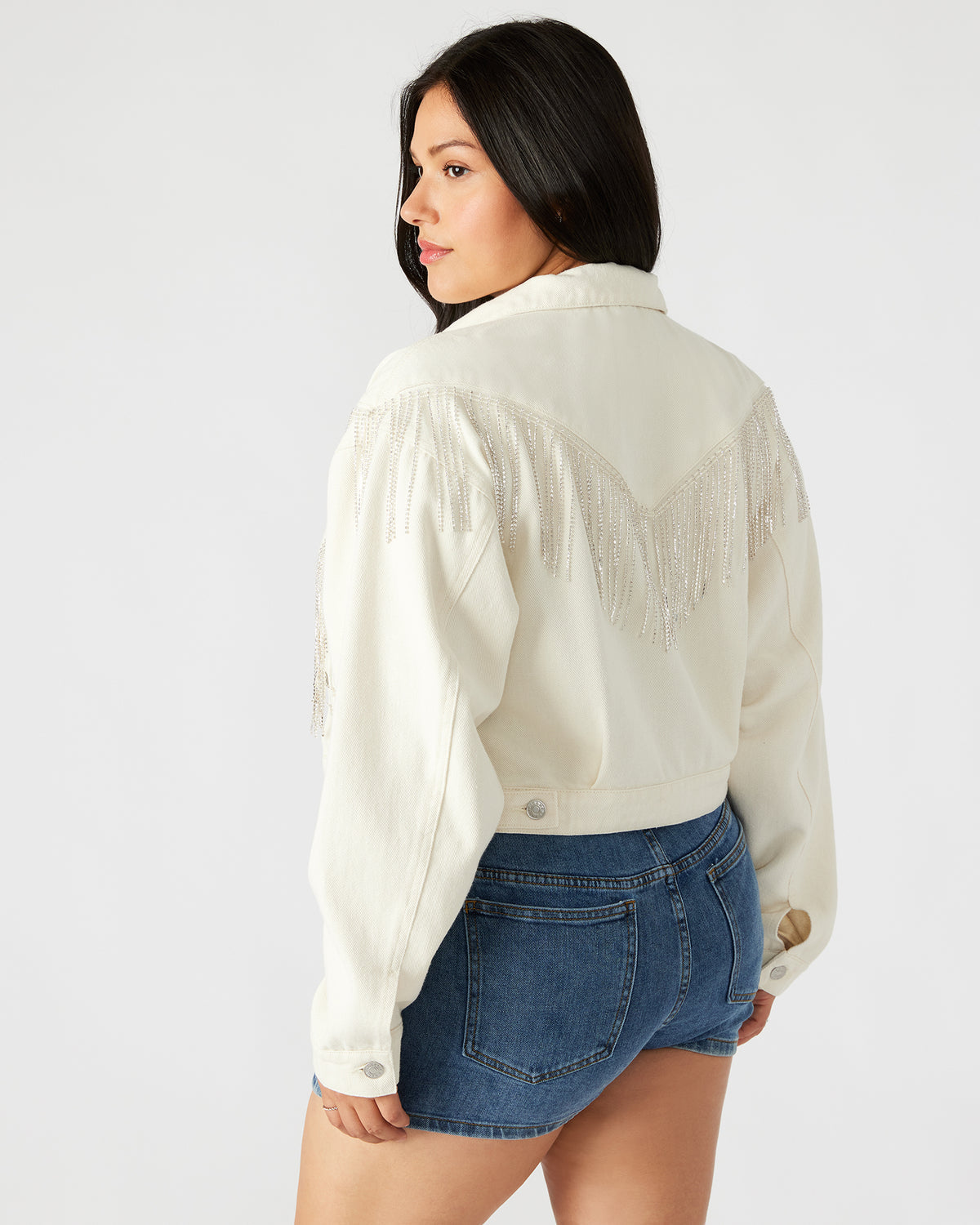 CANYON Denim Jacket Cream | Women's Rhinestone Fringe Jacket | Steve Madden