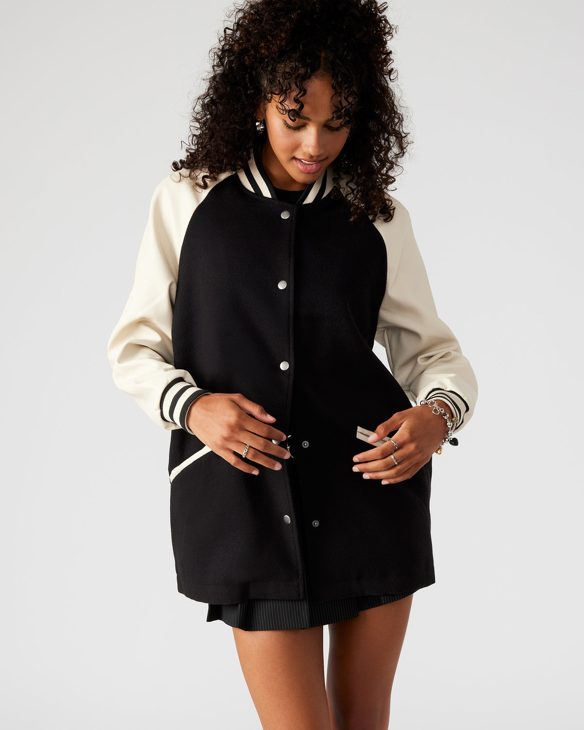 SKYLIE Jacket Black | Women's Varsity Bomber Jacket | Steve Madden