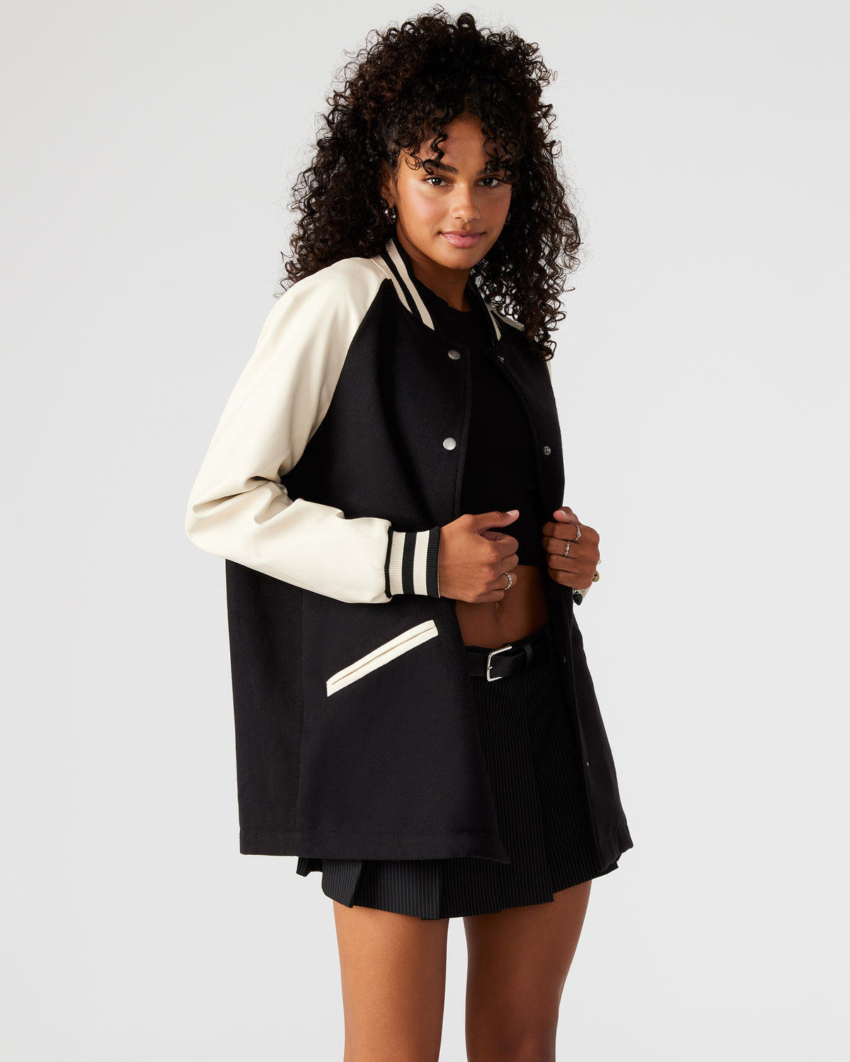 SKYLIE Jacket Black | Women's Varsity Bomber Jacket | Steve Madden