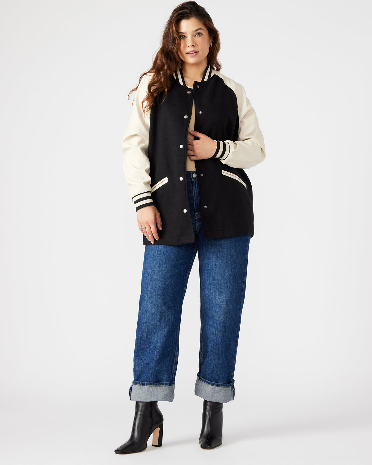 SKYLIE Jacket Black | Women's Varsity Bomber Jacket | Steve Madden