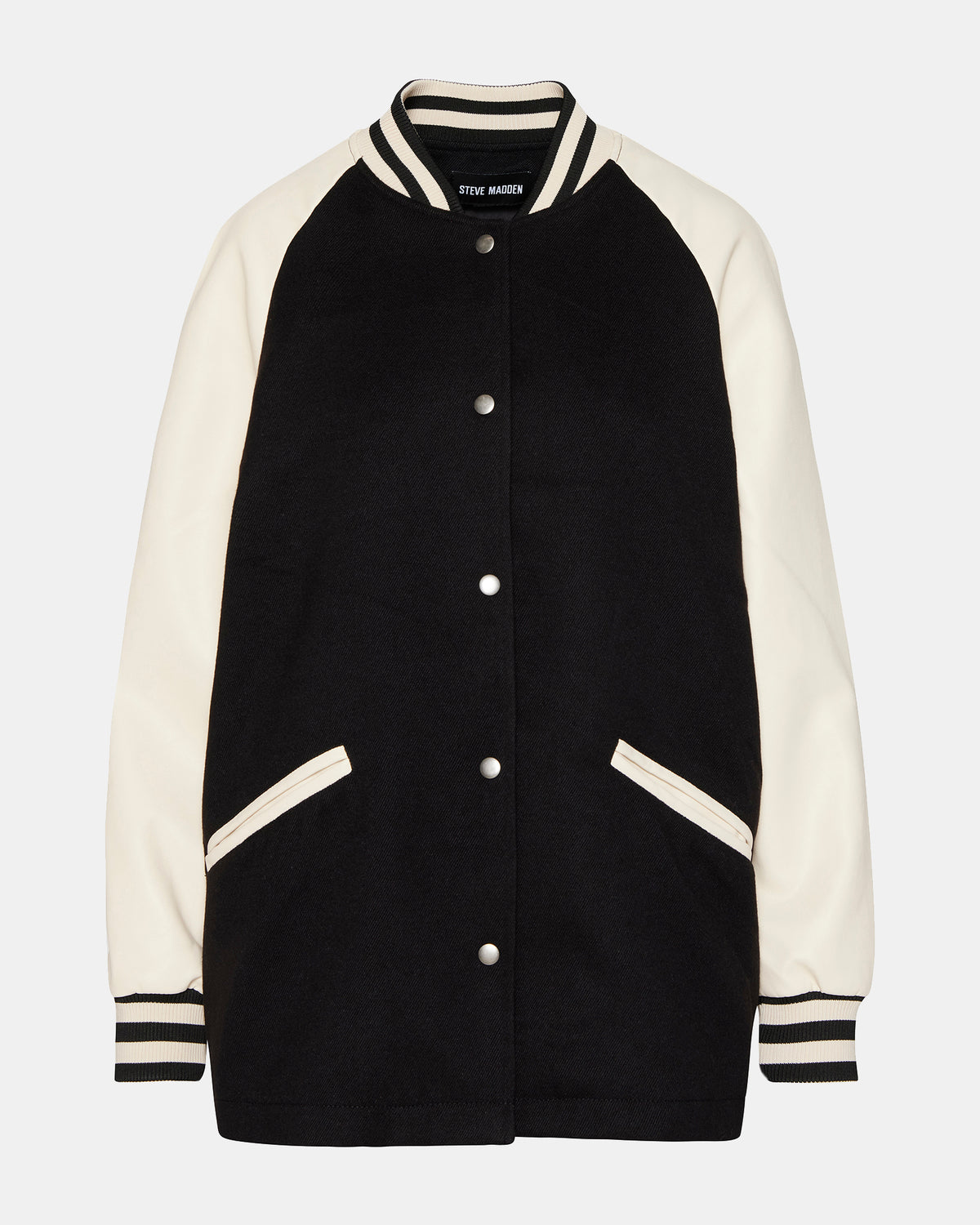 SKYLIE Jacket Black | Women's Varsity Bomber Jacket | Steve Madden
