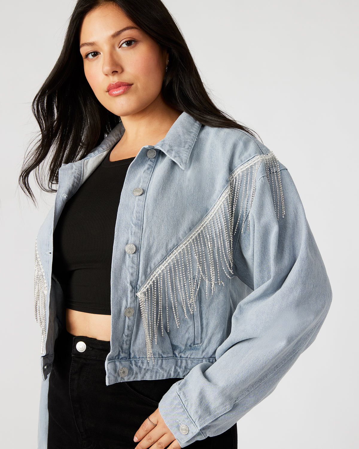 CANYON Denim Jacket | Women's Rhinestone Fringe Jacket | Steve Madden