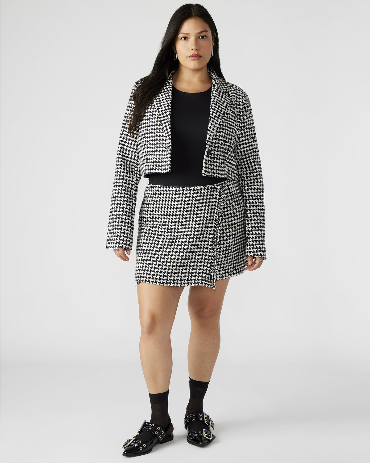 RUPI Blazer Black/White | Women's Cropped Tweed Blazer | Steve Madden