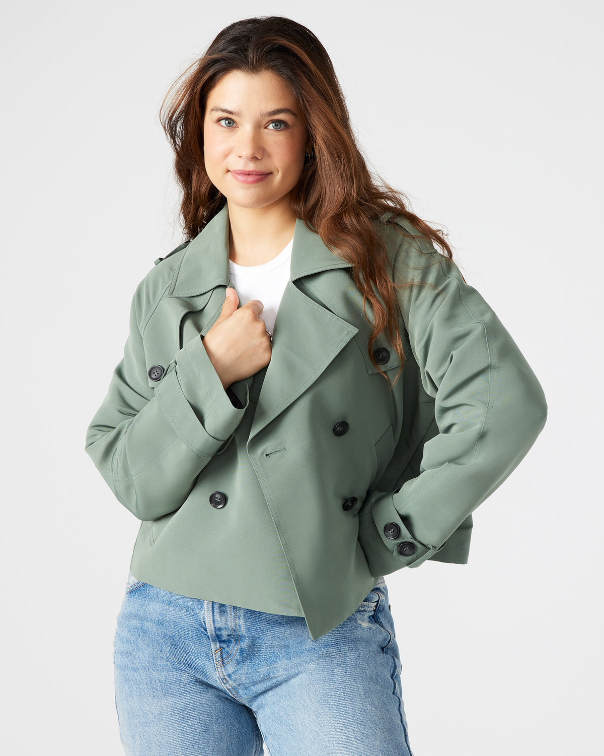 SIRUS Light Green Women's Cropped Denim Trench Coat | Steve Madden