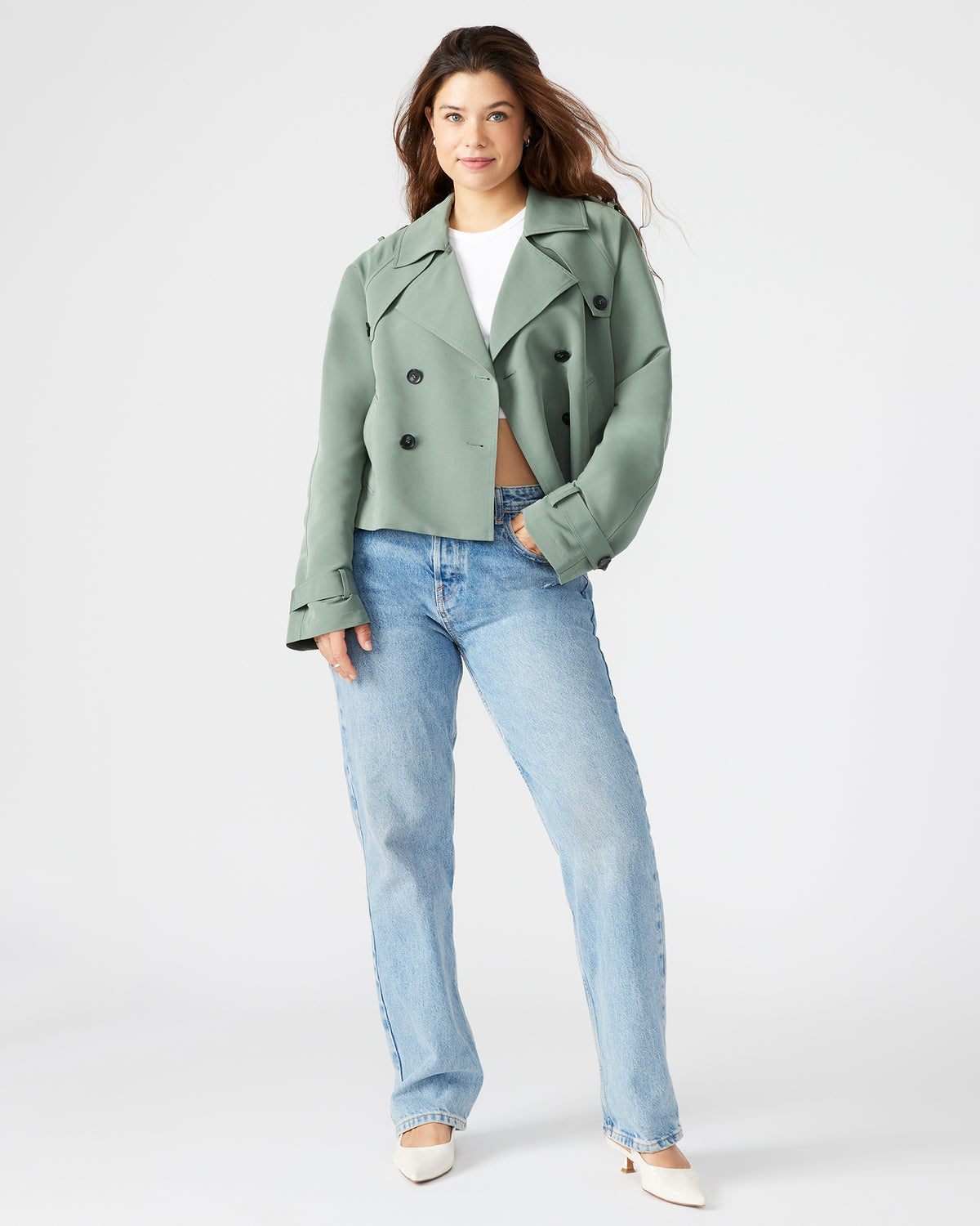 SIRUS Light Green Women's Cropped Denim Trench Coat | Steve Madden