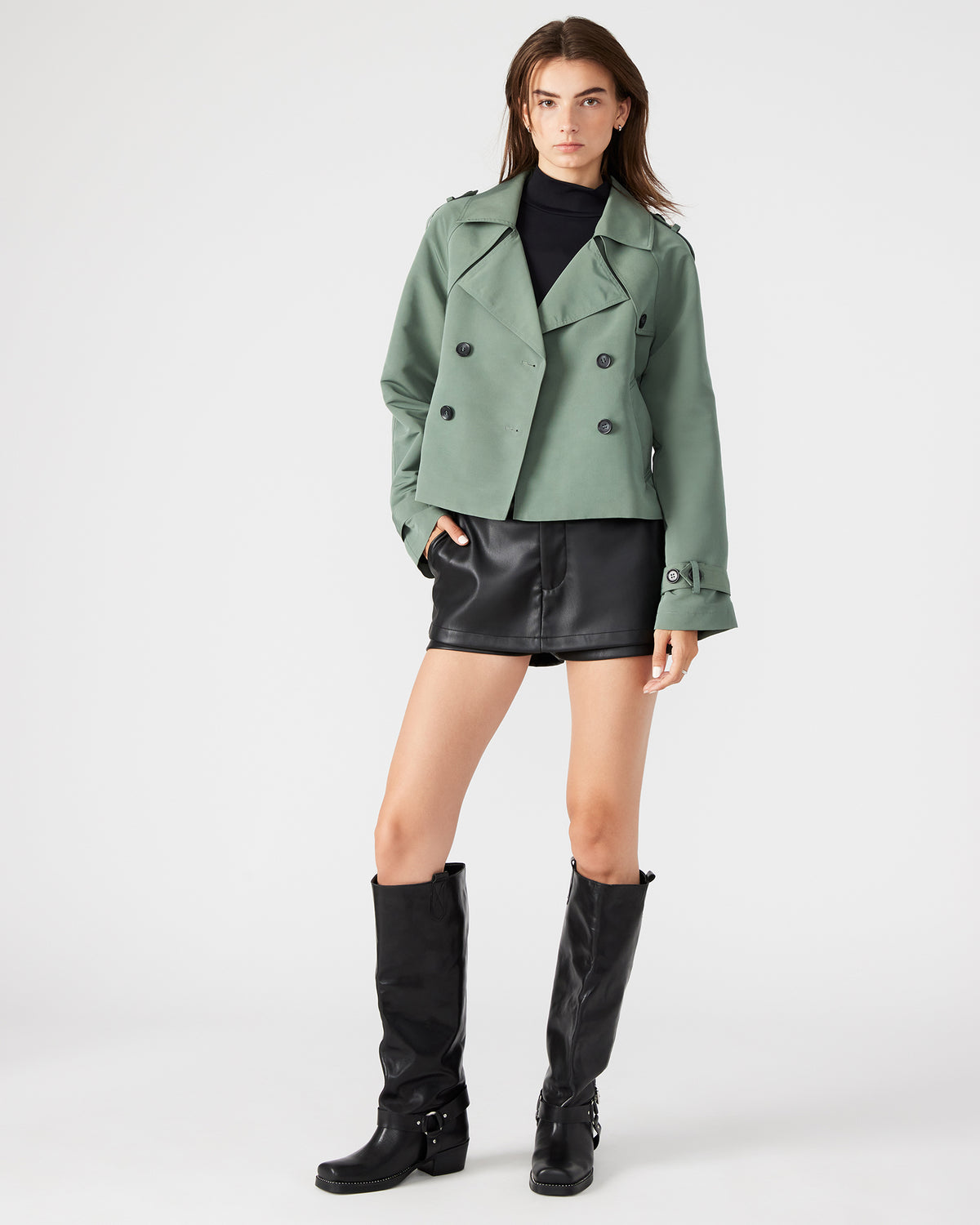 SIRUS Light Green Women's Cropped Denim Trench Coat | Steve Madden