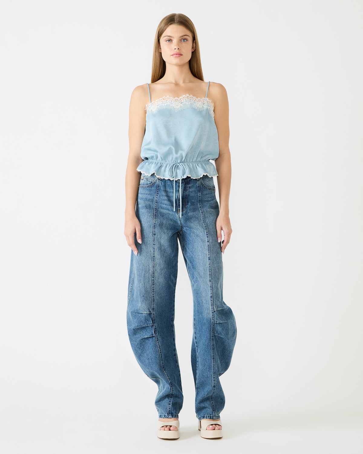 ROAN Dusty Blue Sleeveless Lace Trime Cinched Waist Women's Top | Steve Madden