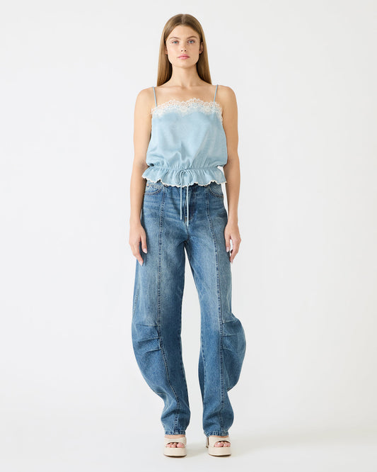ROAN Dusty Blue Sleeveless Lace Trime Cinched Waist Women's Top | Steve Madden