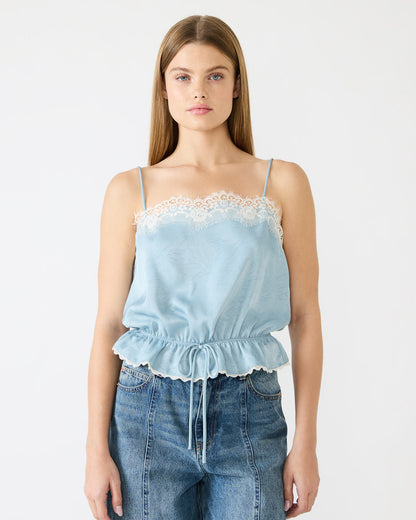 ROAN Dusty Blue Sleeveless Lace Trime Cinched Waist Women's Top | Steve Madden