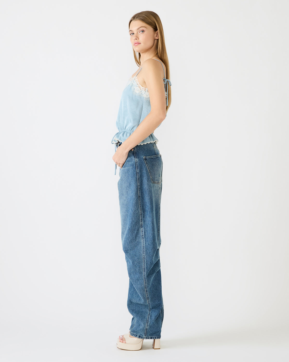 ROAN Dusty Blue Sleeveless Lace Trime Cinched Waist Women's Top | Steve Madden